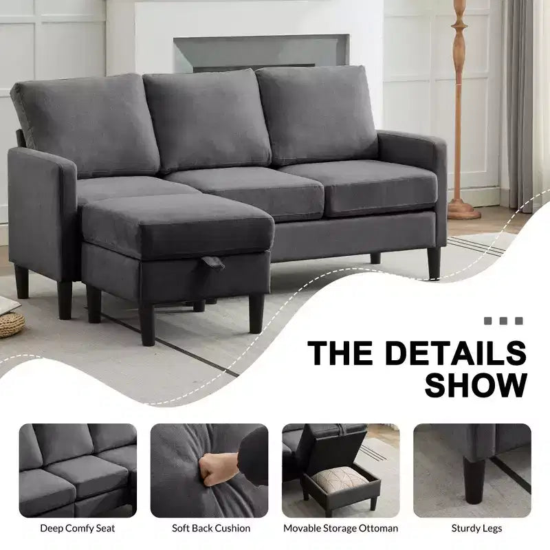 Canapé d'angle convertible en L 3 places avec revêtement en tissu lin et pouf, pour salon, appartement et bureau