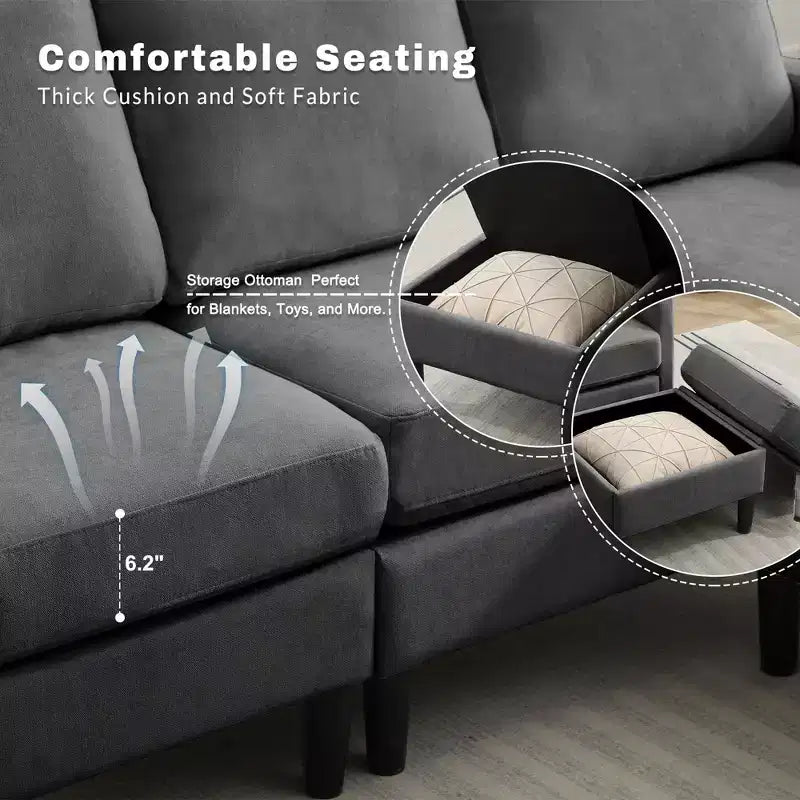 Canapé d'angle convertible en L 3 places avec revêtement en tissu lin et pouf, pour salon, appartement et bureau