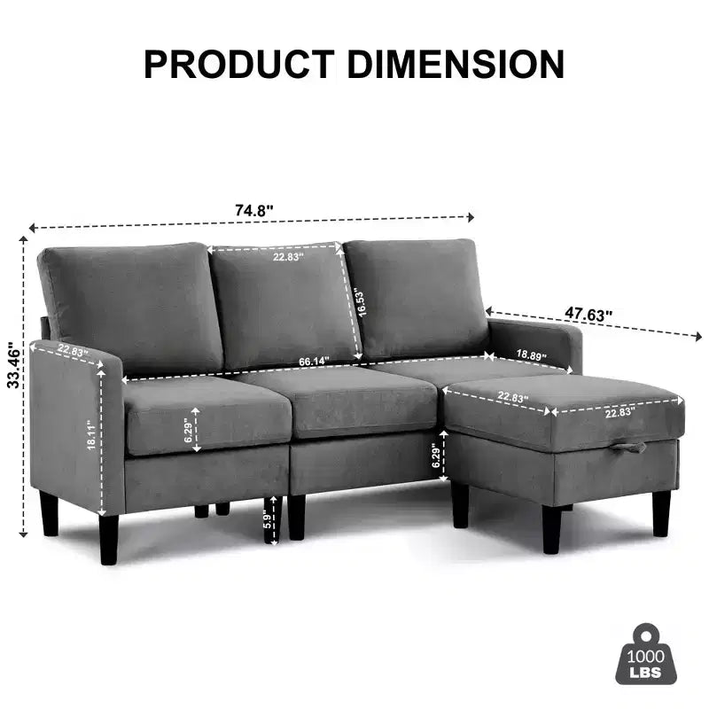 Canapé d'angle convertible en L 3 places avec revêtement en tissu lin et pouf, pour salon, appartement et bureau