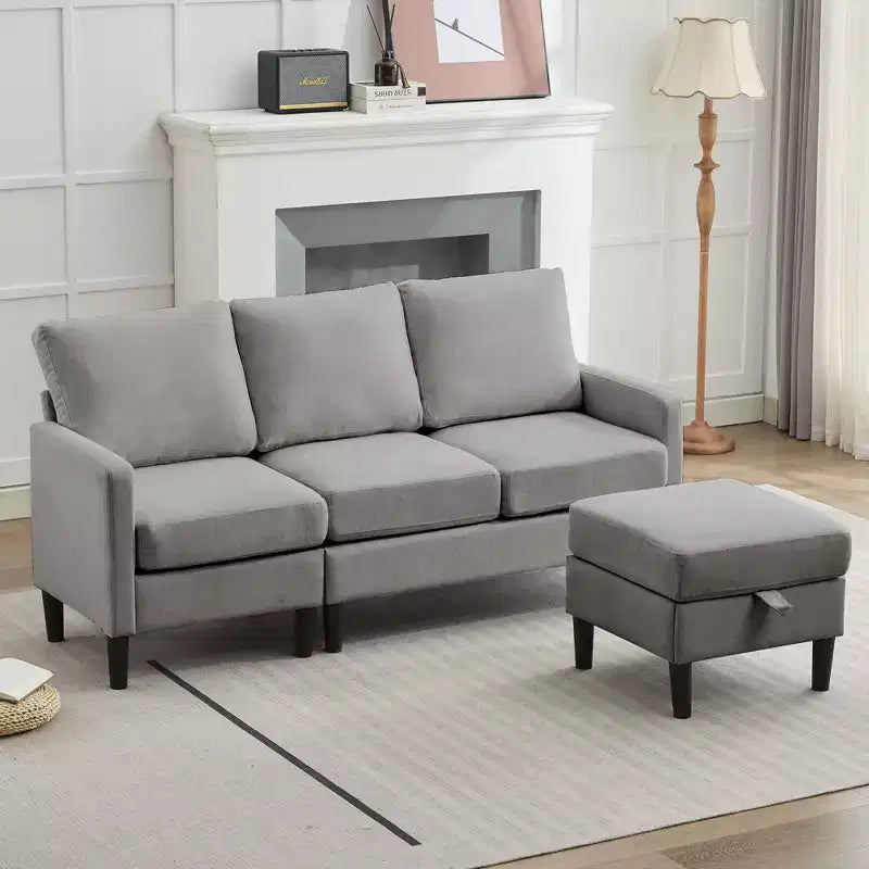 Canapé d'angle convertible en L 3 places avec revêtement en tissu lin et pouf, pour salon, appartement et bureau