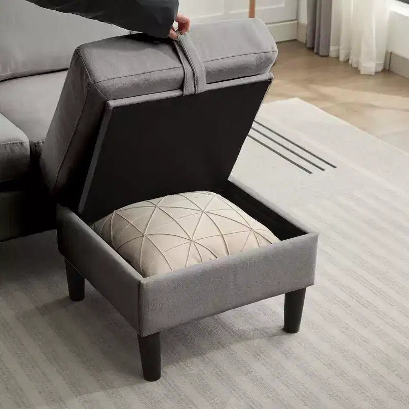 Canapé d'angle convertible en L 3 places avec revêtement en tissu lin et pouf, pour salon, appartement et bureau