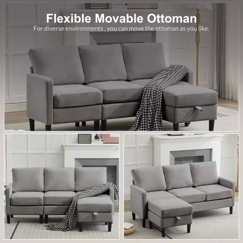 Canapé d'angle convertible en L 3 places avec revêtement en tissu lin et pouf, pour salon, appartement et bureau