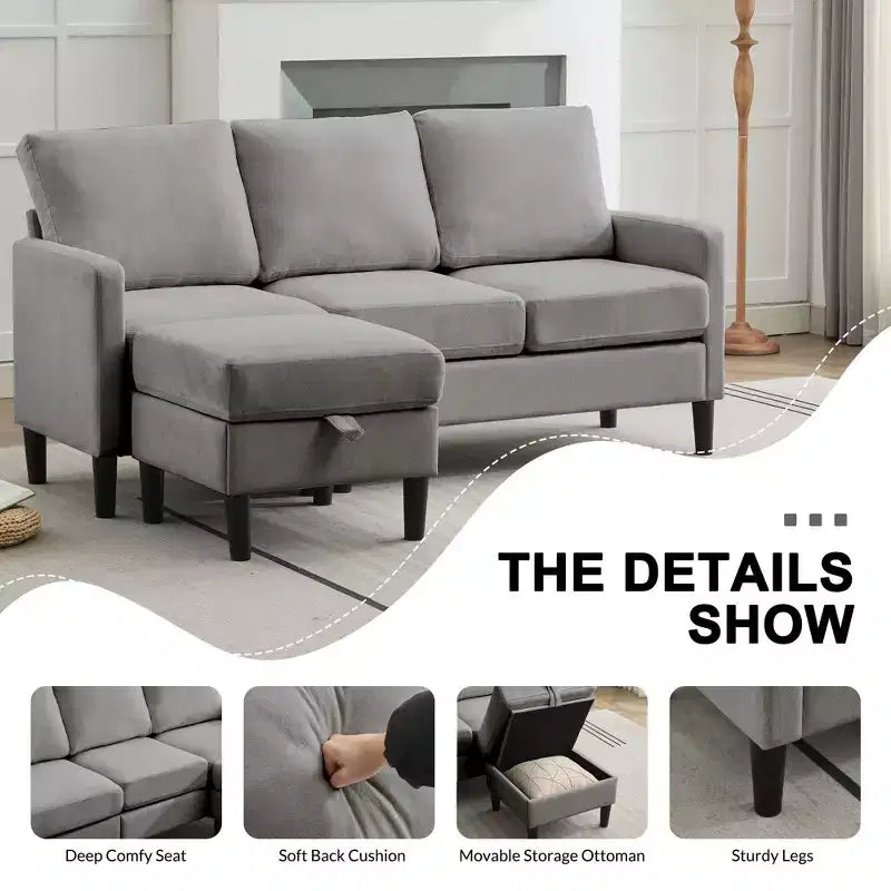 Canapé d'angle convertible en L 3 places avec revêtement en tissu lin et pouf, pour salon, appartement et bureau