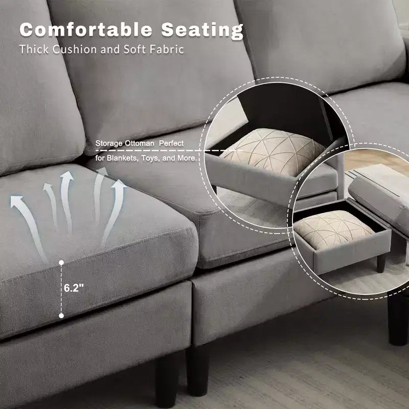 Canapé d'angle convertible en L 3 places avec revêtement en tissu lin et pouf, pour salon, appartement et bureau