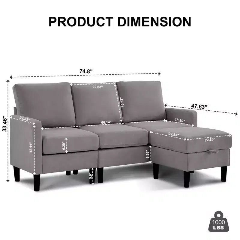 Canapé d'angle convertible en L 3 places avec revêtement en tissu lin et pouf, pour salon, appartement et bureau