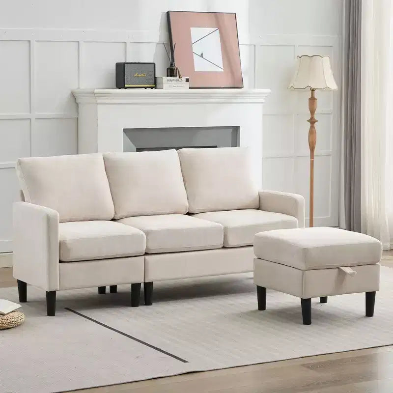 Canapé d'angle convertible en L 3 places avec revêtement en tissu lin et pouf, pour salon, appartement et bureau