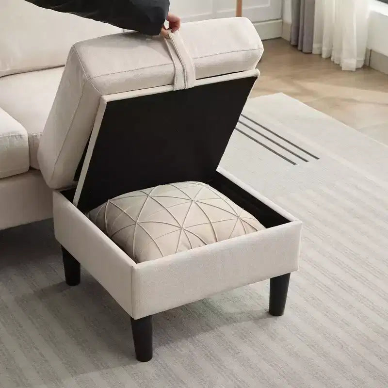 Canapé d'angle convertible en L 3 places avec revêtement en tissu lin et pouf, pour salon, appartement et bureau
