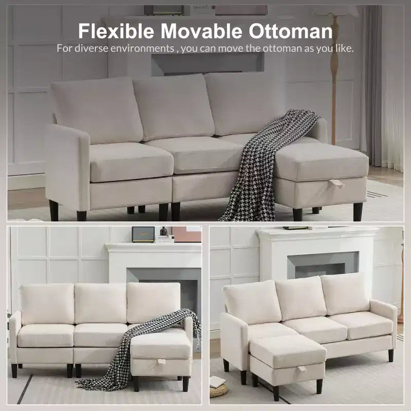 Canapé d'angle convertible en L 3 places avec revêtement en tissu lin et pouf, pour salon, appartement et bureau