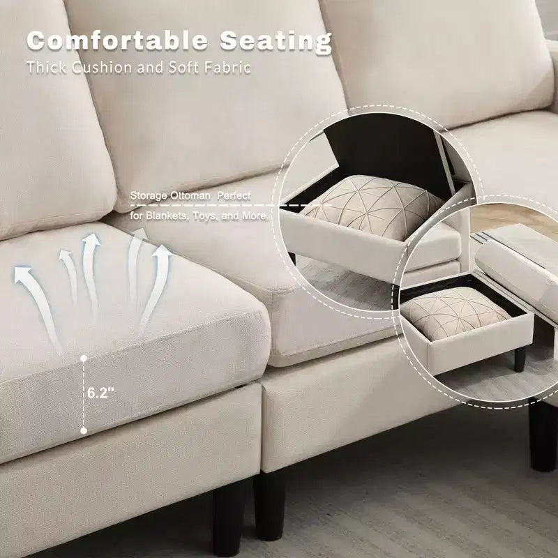 Canapé d'angle convertible en L 3 places avec revêtement en tissu lin et pouf, pour salon, appartement et bureau