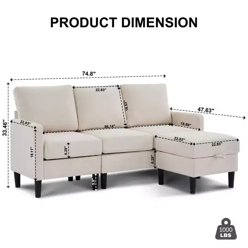 Canapé d'angle convertible en L 3 places avec revêtement en tissu lin et pouf, pour salon, appartement et bureau