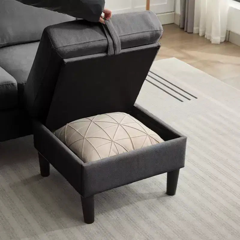Canapé d'angle convertible en L 3 places avec revêtement en tissu lin et pouf, pour salon, appartement et bureau