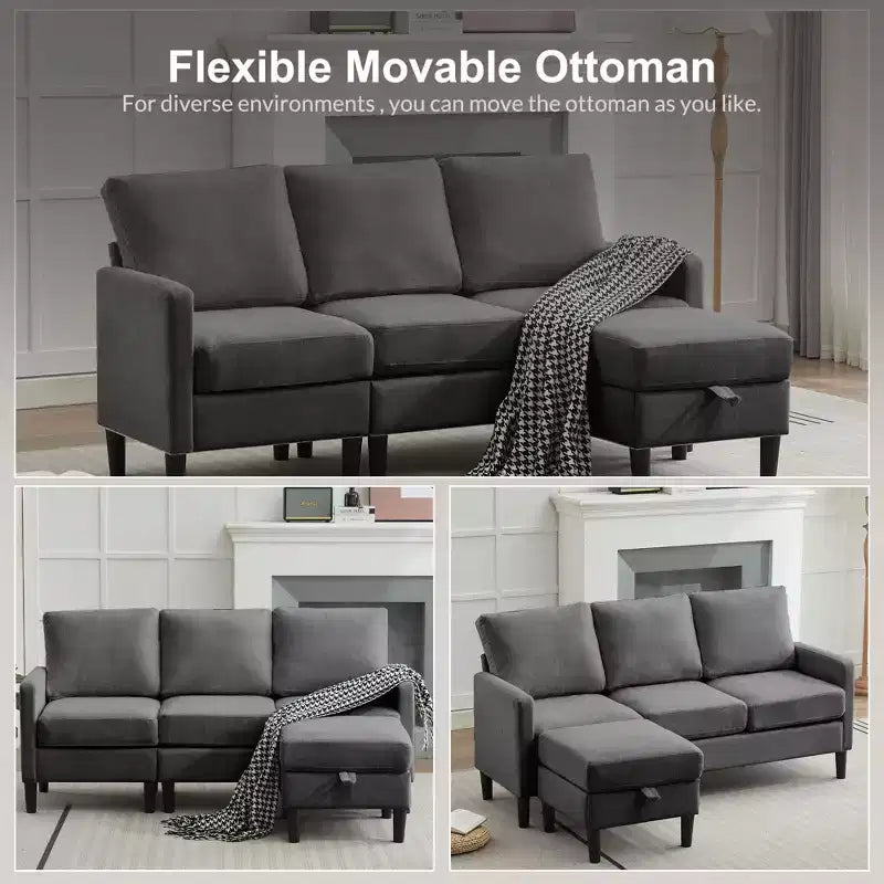 Canapé d'angle convertible en L 3 places avec revêtement en tissu lin et pouf, pour salon, appartement et bureau