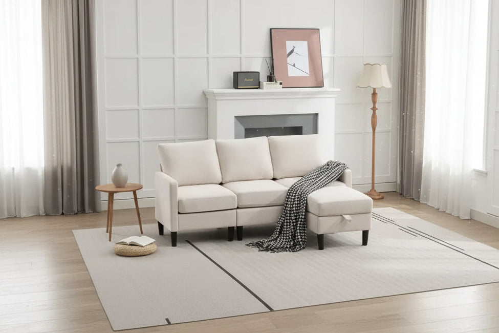 HYLEORY L-Shaped Convertible Sectional Sofa Couch 3 Seater with Linen Fabric, Complete with Ottoman, for Living Room, Apartment and Office