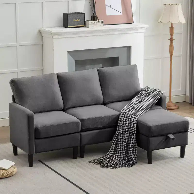 Canapé d'angle convertible en L 3 places avec revêtement en tissu lin et pouf, pour salon, appartement et bureau