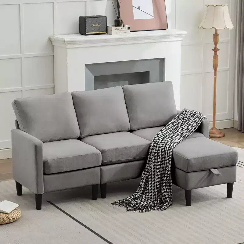Canapé d'angle convertible en L 3 places avec revêtement en tissu lin et pouf, pour salon, appartement et bureau