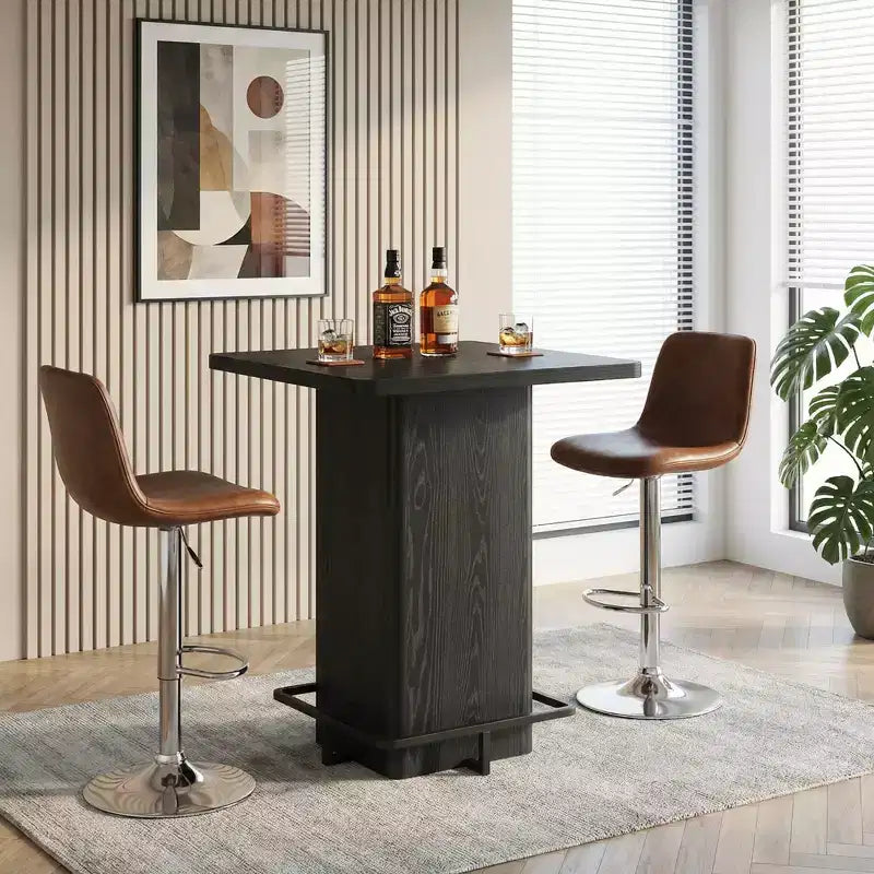 MAYEERTY Table de bar carrée minimaliste de 80 cm, Plateau en MDF aspect bois foncé avec piétement robuste et repose-pieds en métal, Table de bistrot compacte pour 2 à 4 personnes