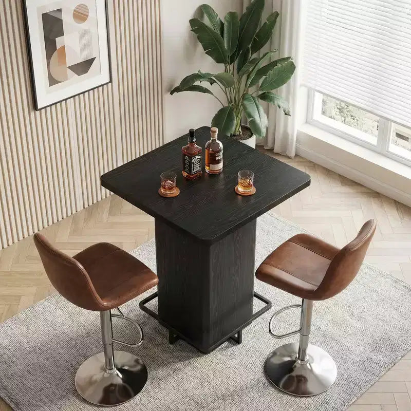 MAYEERTY Table de bar carrée minimaliste de 80 cm, Plateau en MDF aspect bois foncé avec piétement robuste et repose-pieds en métal, Table de bistrot compacte pour 2 à 4 personnes