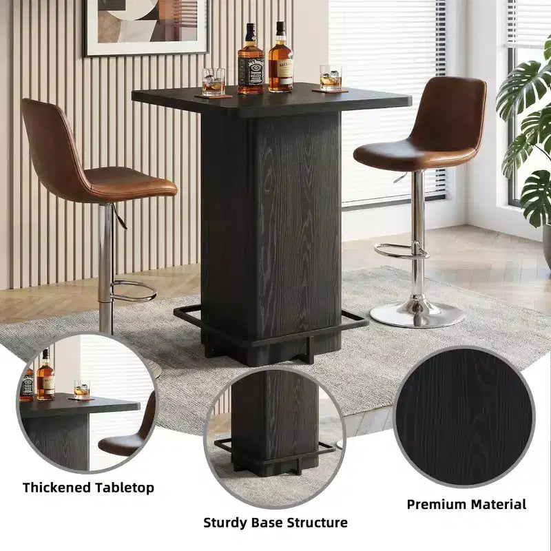 MAYEERTY Table de bar carrée minimaliste de 80 cm, Plateau en MDF aspect bois foncé avec piétement robuste et repose-pieds en métal, Table de bistrot compacte pour 2 à 4 personnes