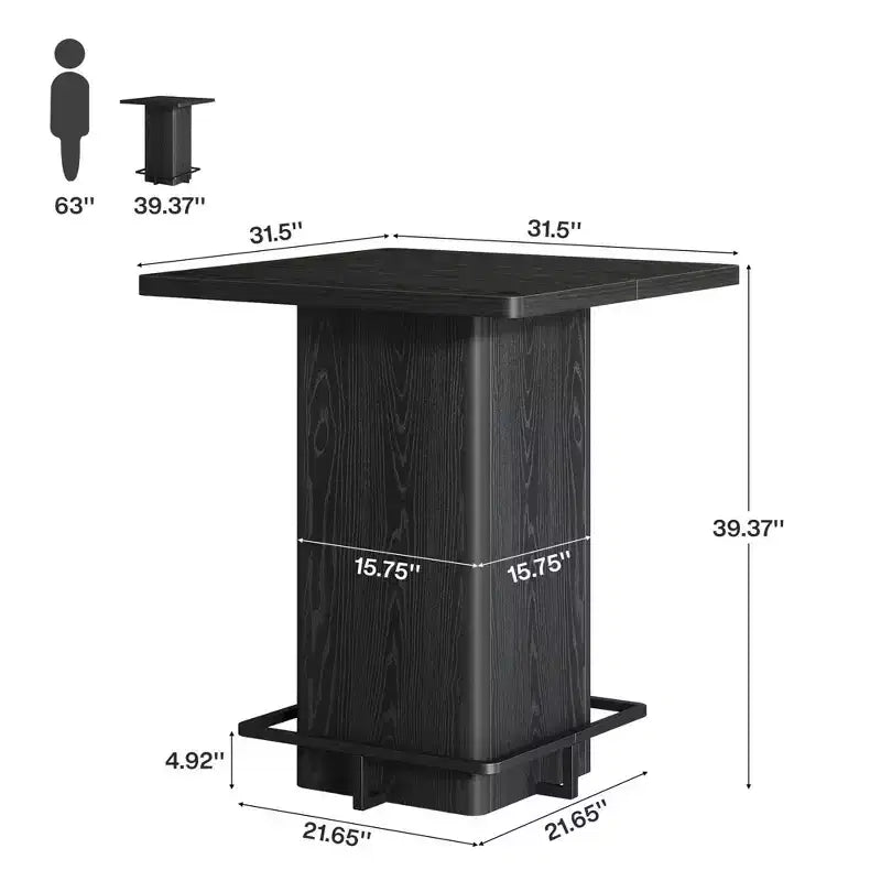 MAYEERTY Table de bar carrée minimaliste de 80 cm, Plateau en MDF aspect bois foncé avec piétement robuste et repose-pieds en métal, Table de bistrot compacte pour 2 à 4 personnes