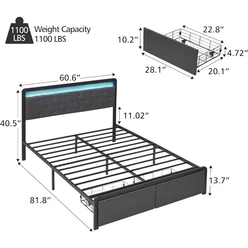 Lit coffre capitonné 1 pièce Queen - 2 tiroirs et tête de lit capitonnée, lumières LED avec lattes en bois, pas besoin de sommier