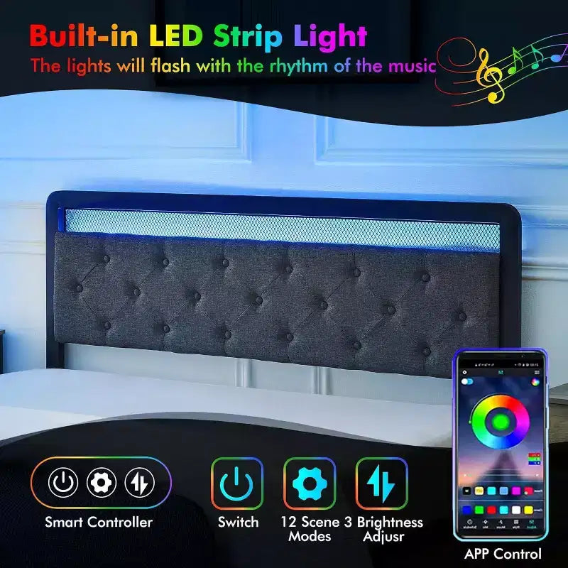Lit coffre capitonné 1 pièce Queen - 2 tiroirs et tête de lit capitonnée, lumières LED avec lattes en bois, pas besoin de sommier