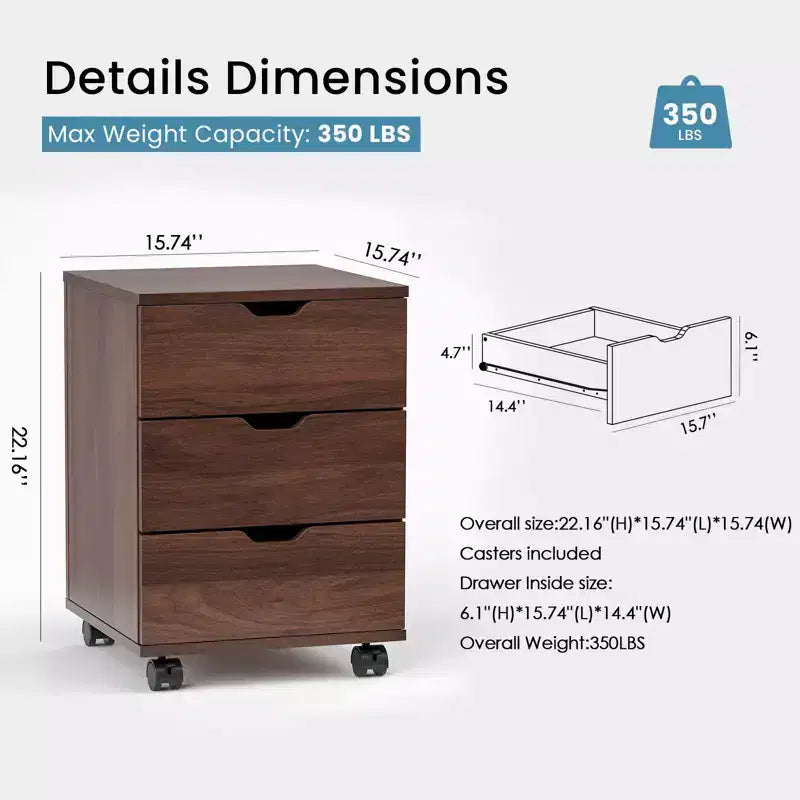 PexFix Meuble de rangement vertical à 3 tiroirs en bois sur roulettes pour bureau à domicile