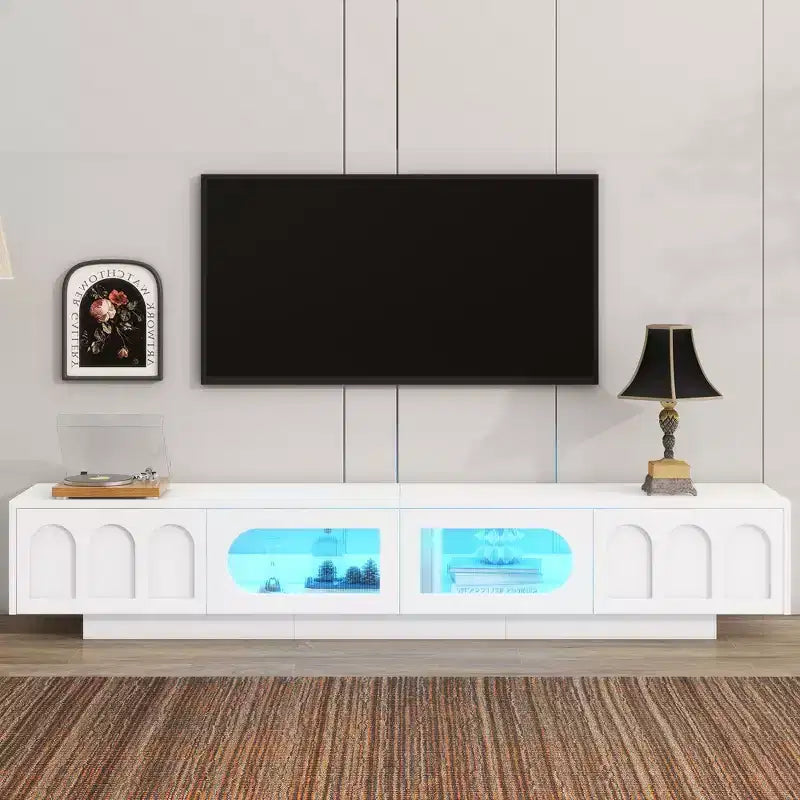Meuble TV de centre de divertissement pour téléviseurs jusqu'à 95 pouces, console média fonctionnelle avec portes d'armoire arquées