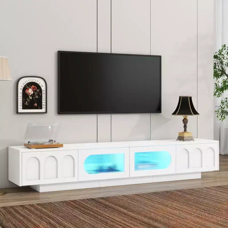 Meuble TV de centre de divertissement pour téléviseurs jusqu'à 95 pouces, console média fonctionnelle avec portes d'armoire arquées