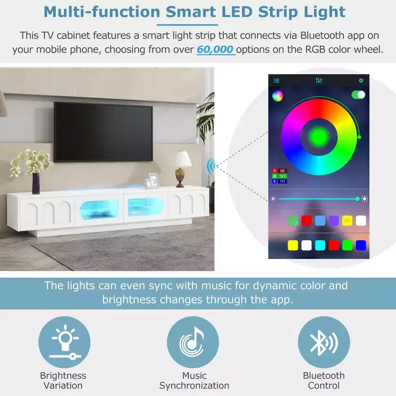 Meuble TV de centre de divertissement pour téléviseurs jusqu'à 95 pouces, console média fonctionnelle avec portes d'armoire arquées