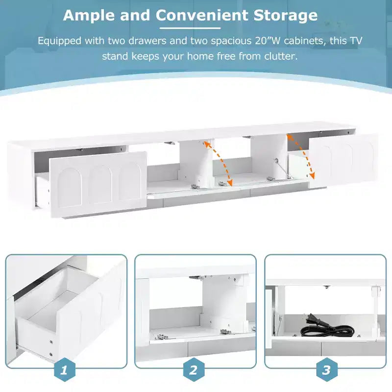 Meuble TV de centre de divertissement pour téléviseurs jusqu'à 95 pouces, console média fonctionnelle avec portes d'armoire arquées