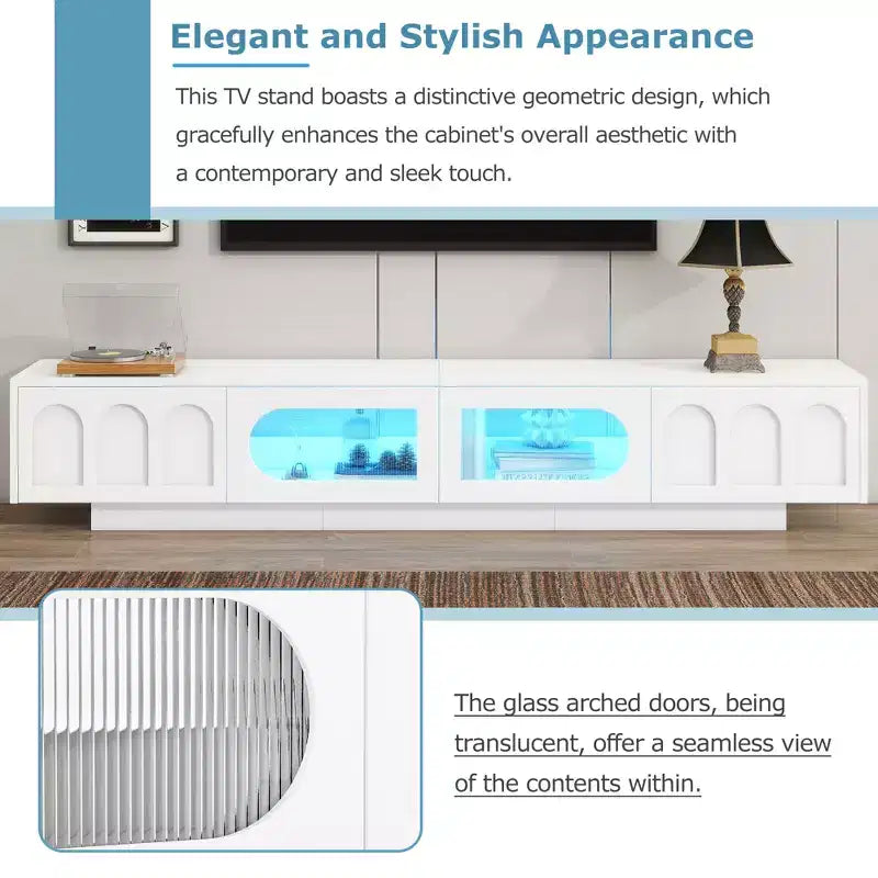 Meuble TV de centre de divertissement pour téléviseurs jusqu'à 95 pouces, console média fonctionnelle avec portes d'armoire arquées