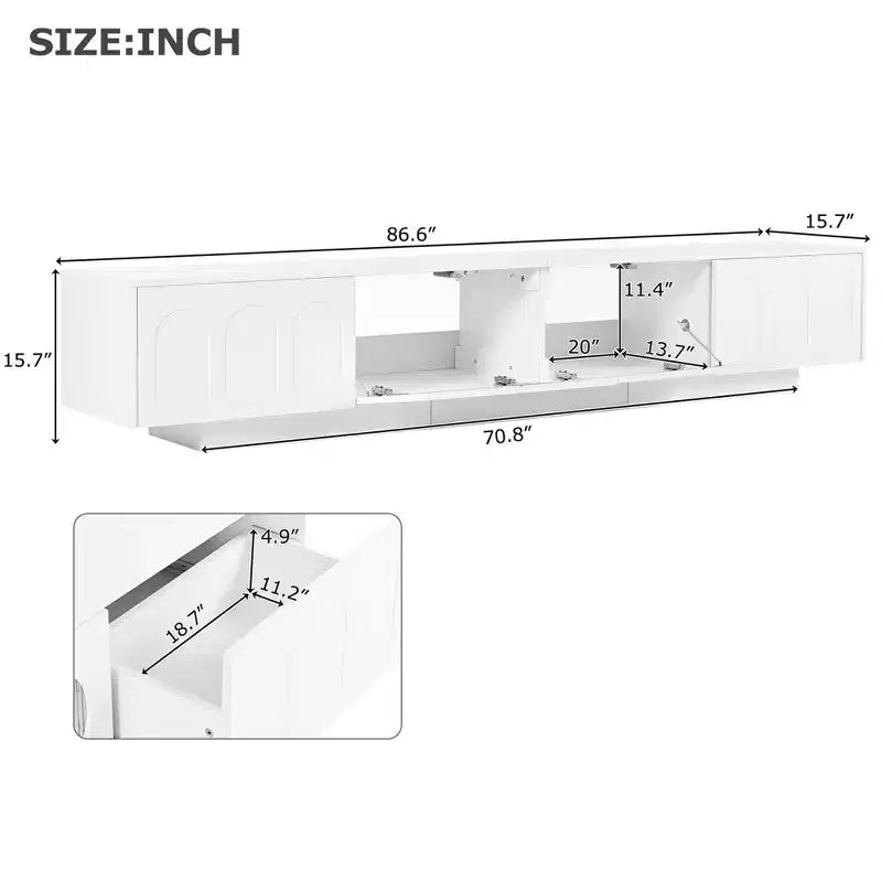 Meuble TV de centre de divertissement pour téléviseurs jusqu'à 95 pouces, console média fonctionnelle avec portes d'armoire arquées