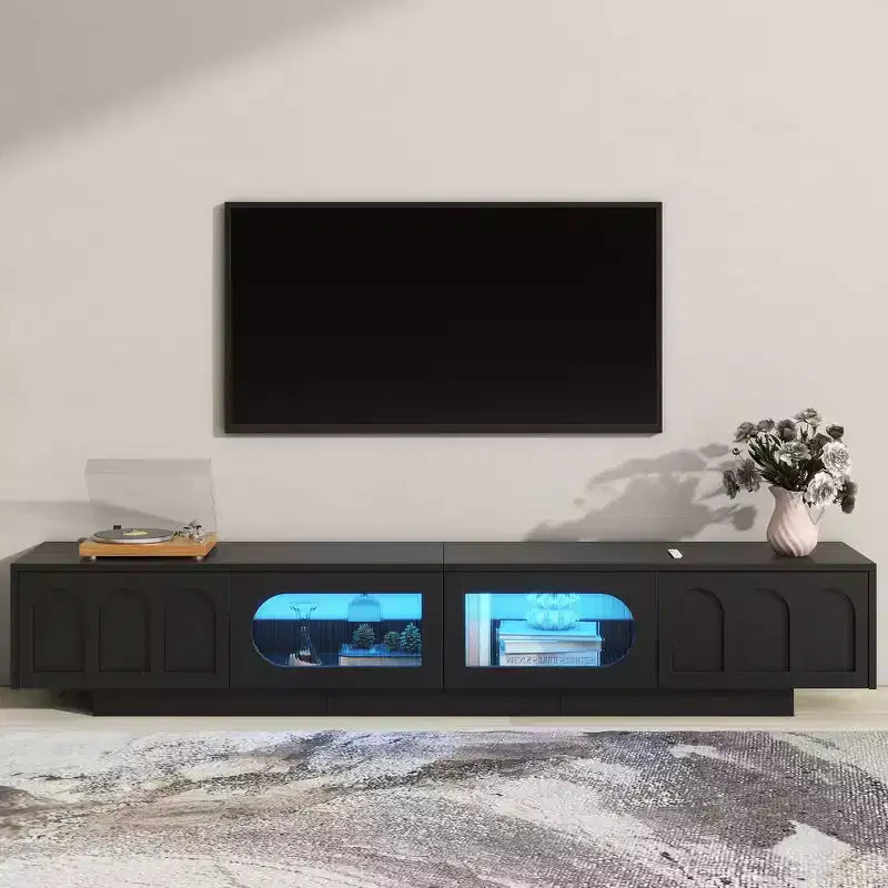 Meuble TV de centre de divertissement pour téléviseurs jusqu'à 95 pouces, console média fonctionnelle avec portes d'armoire arquées