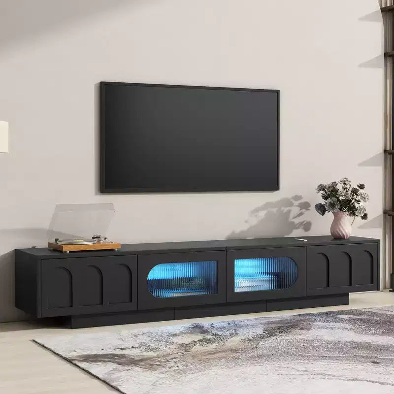 Meuble TV de centre de divertissement pour téléviseurs jusqu'à 95 pouces, console média fonctionnelle avec portes d'armoire arquées