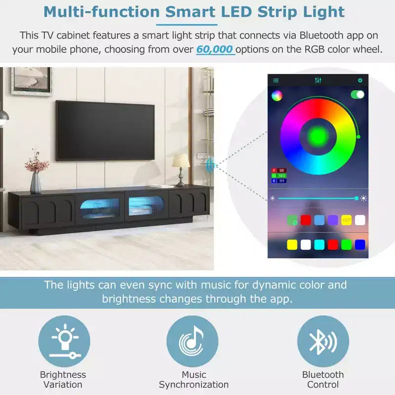 Meuble TV de centre de divertissement pour téléviseurs jusqu'à 95 pouces, console média fonctionnelle avec portes d'armoire arquées