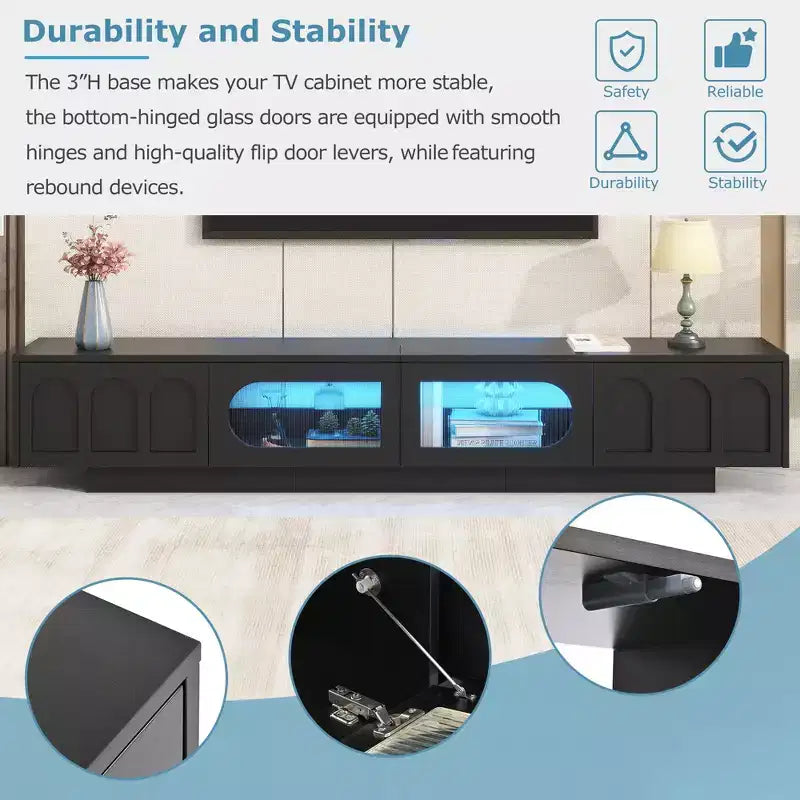 Meuble TV de centre de divertissement pour téléviseurs jusqu'à 95 pouces, console média fonctionnelle avec portes d'armoire arquées