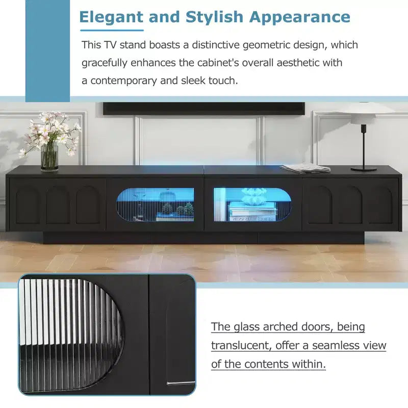 Meuble TV de centre de divertissement pour téléviseurs jusqu'à 95 pouces, console média fonctionnelle avec portes d'armoire arquées