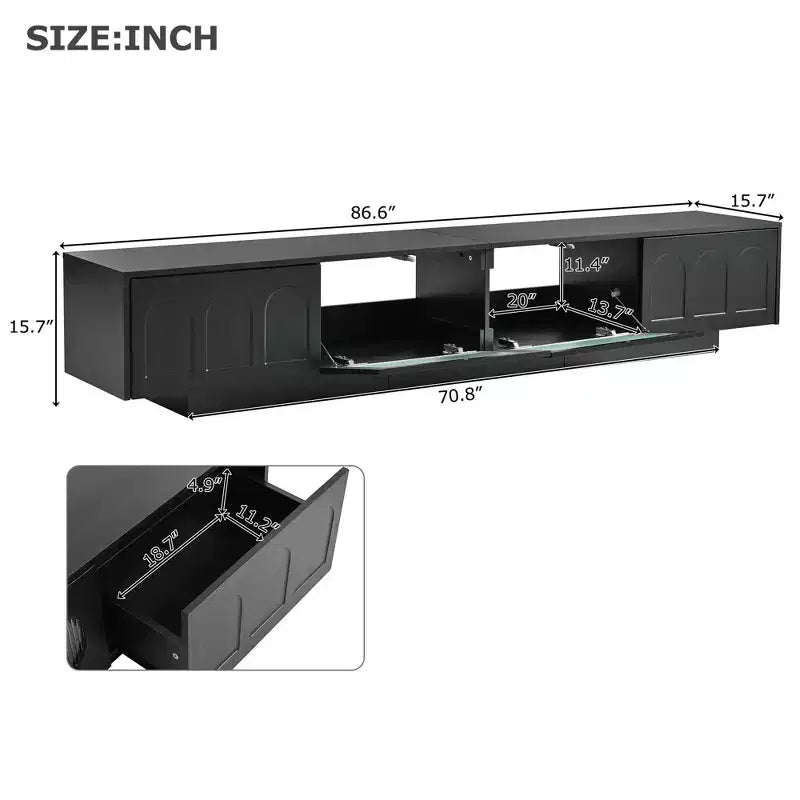 Meuble TV de centre de divertissement pour téléviseurs jusqu'à 95 pouces, console média fonctionnelle avec portes d'armoire arquées