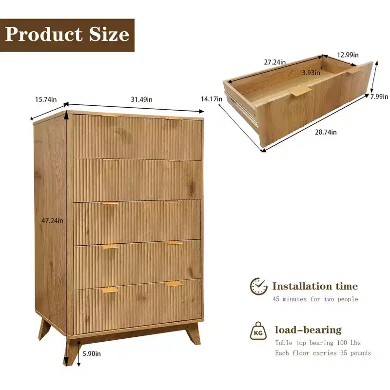 Commode à 5 tiroirs cannelés pour chambre à coucher, commode moderne de 119 cm de hauteur, organisateur de tiroirs en bois pour chambre à coucher, salon, couloir, entrée