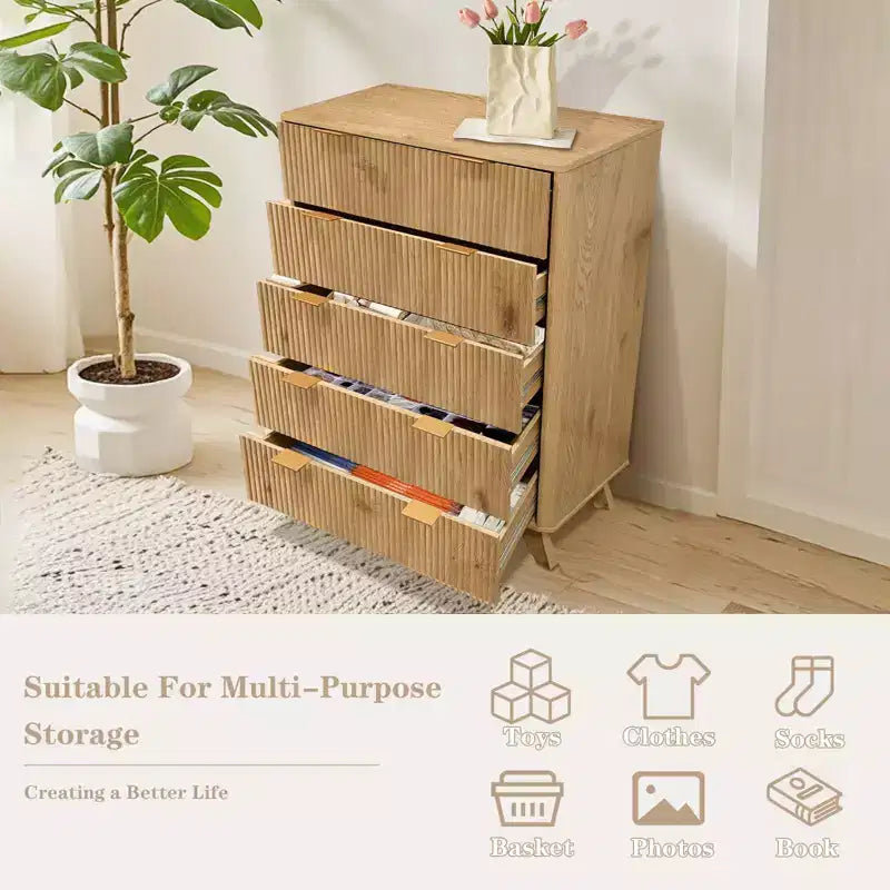 Commode à 5 tiroirs cannelés pour chambre à coucher, commode moderne de 119 cm de hauteur, organisateur de tiroirs en bois pour chambre à coucher, salon, couloir, entrée