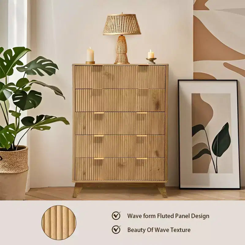 Commode à 5 tiroirs cannelés pour chambre à coucher, commode moderne de 119 cm de hauteur, organisateur de tiroirs en bois pour chambre à coucher, salon, couloir, entrée