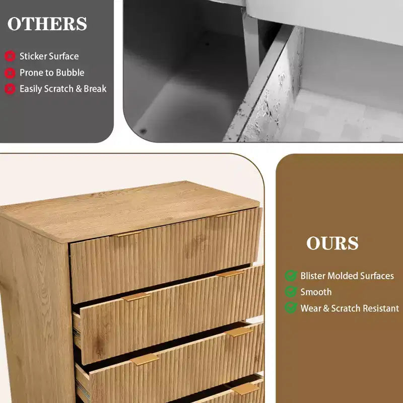 Commode à 5 tiroirs cannelés pour chambre à coucher, commode moderne de 119 cm de hauteur, organisateur de tiroirs en bois pour chambre à coucher, salon, couloir, entrée