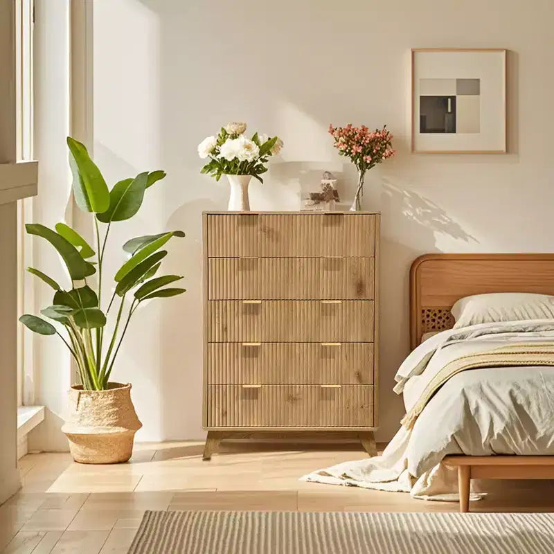 Commode à 5 tiroirs cannelés pour chambre à coucher, commode moderne de 119 cm de hauteur, organisateur de tiroirs en bois pour chambre à coucher, salon, couloir, entrée
