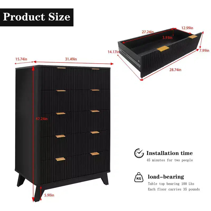 Commode à 5 tiroirs cannelés pour chambre à coucher, commode moderne de 119 cm de hauteur, organisateur de tiroirs en bois pour chambre à coucher, salon, couloir, entrée
