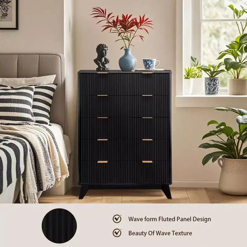 Commode à 5 tiroirs cannelés pour chambre à coucher, commode moderne de 119 cm de hauteur, organisateur de tiroirs en bois pour chambre à coucher, salon, couloir, entrée