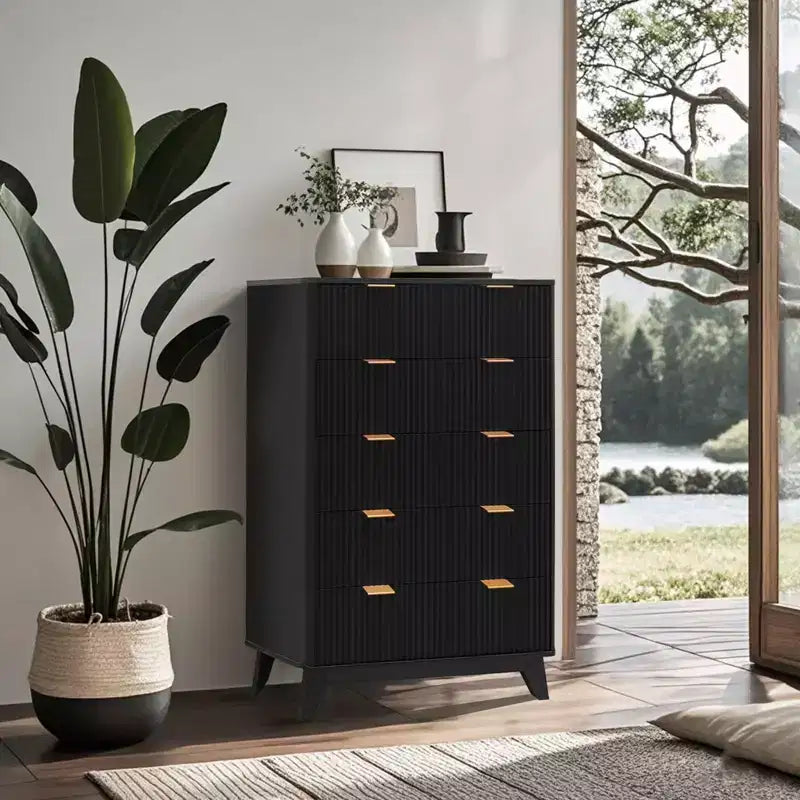 Commode à 5 tiroirs cannelés pour chambre à coucher, commode moderne de 119 cm de hauteur, organisateur de tiroirs en bois pour chambre à coucher, salon, couloir, entrée