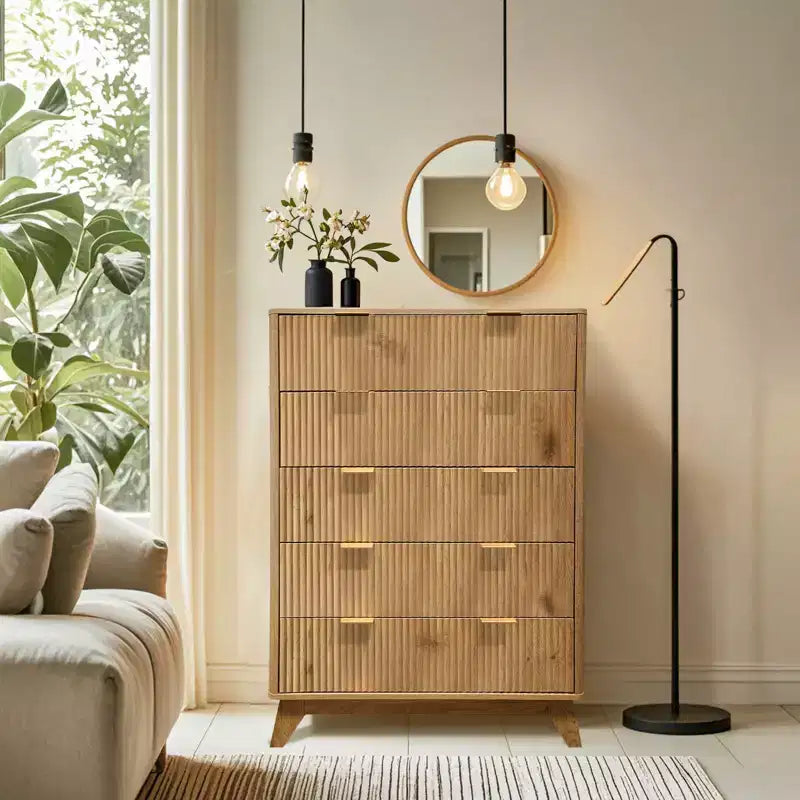 Commode à 5 tiroirs cannelés pour chambre à coucher, commode moderne de 119 cm de hauteur, organisateur de tiroirs en bois pour chambre à coucher, salon, couloir, entrée