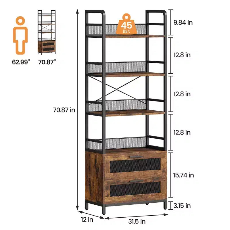 70.87 Bibliothèque avec tiroirs, étagères rustiques, étagères de rangement ouvertes à 4 niveaux, bibliothèque de style ferme pour chambre, salon, bureau, marron