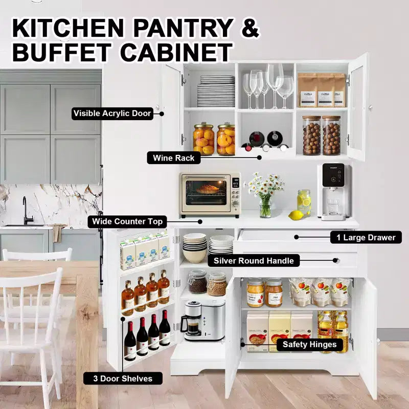 67,9 Armoire de cuisine haute, Armoire de rangement autonome avec tiroir, Armoire de cuisine avec support pour micro-ondes, Meuble de bar à café