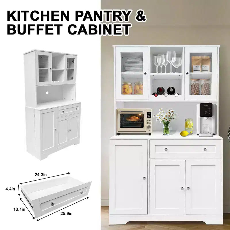 67,9 Armoire de cuisine haute, Armoire de rangement autonome avec tiroir, Armoire de cuisine avec support pour micro-ondes, Meuble de bar à café